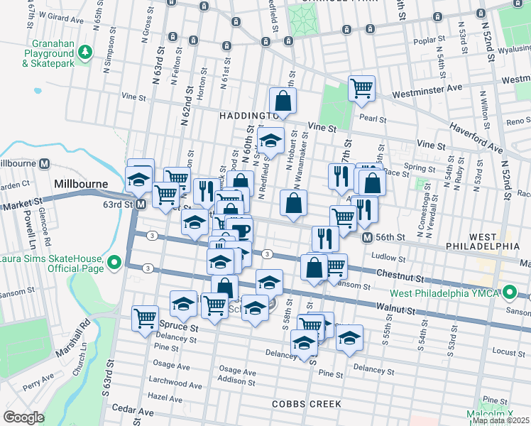 map of restaurants, bars, coffee shops, grocery stores, and more near 5854 Market Street in Philadelphia