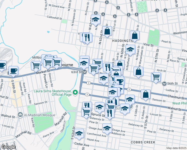 map of restaurants, bars, coffee shops, grocery stores, and more near 6148 Ludlow Street in Philadelphia