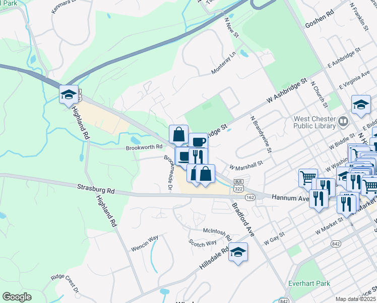map of restaurants, bars, coffee shops, grocery stores, and more near 665 Downingtown Pike in West Chester