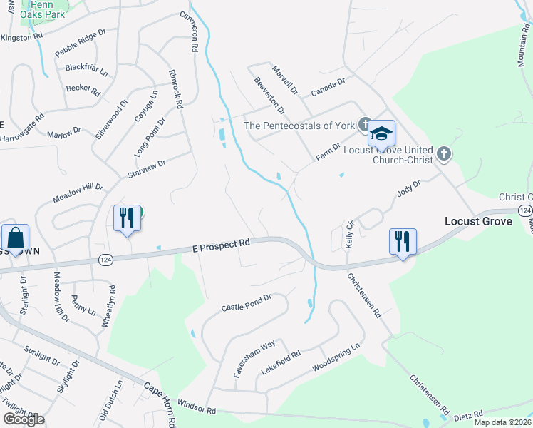 map of restaurants, bars, coffee shops, grocery stores, and more near 3045 East Prospect Road in York