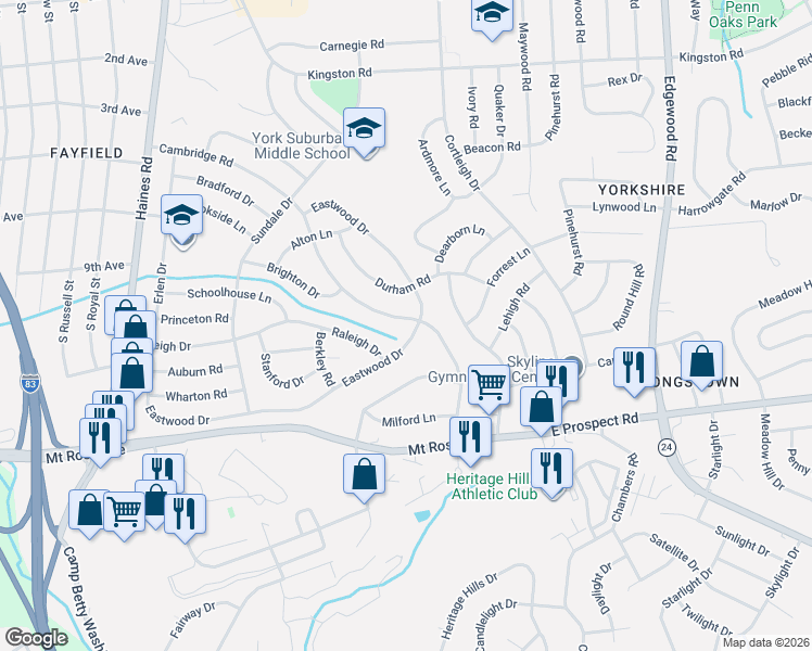 map of restaurants, bars, coffee shops, grocery stores, and more near 2732 Eastwood Drive in East York