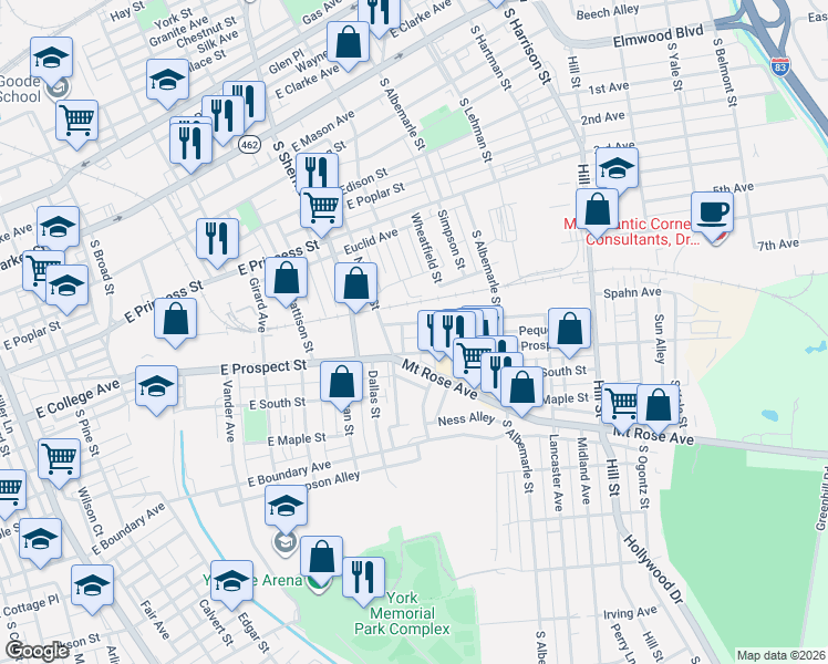 map of restaurants, bars, coffee shops, grocery stores, and more near in York