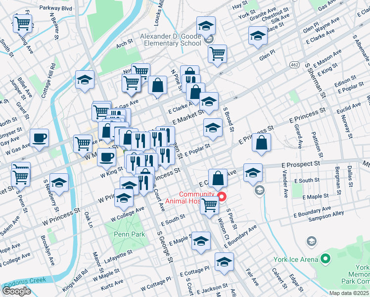 map of restaurants, bars, coffee shops, grocery stores, and more near 143 Susquehanna Avenue in York
