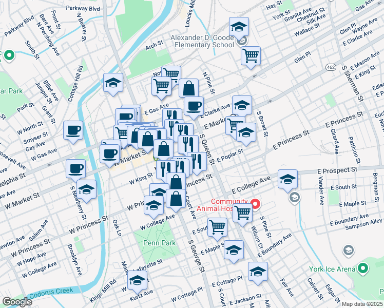 map of restaurants, bars, coffee shops, grocery stores, and more near 50 East King Street in York