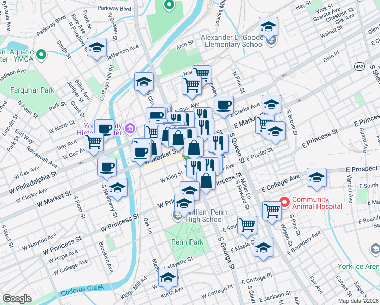 map of restaurants, bars, coffee shops, grocery stores, and more near 111 East Market Street in York