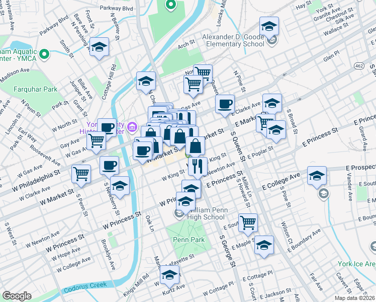 map of restaurants, bars, coffee shops, grocery stores, and more near 20 West Market Street in York
