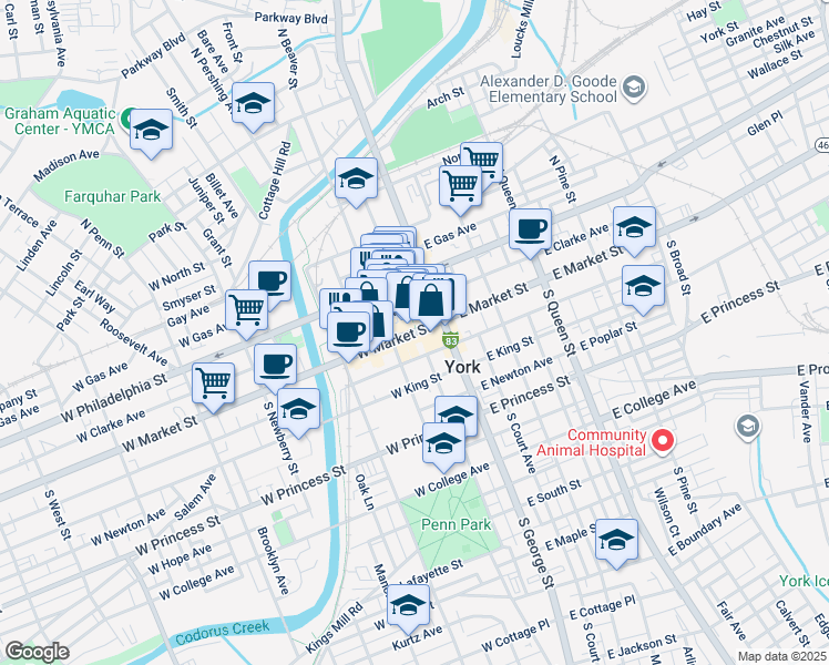 map of restaurants, bars, coffee shops, grocery stores, and more near 13 South Beaver Street in York