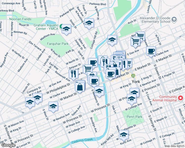 map of restaurants, bars, coffee shops, grocery stores, and more near 234 West Clarke Avenue in York