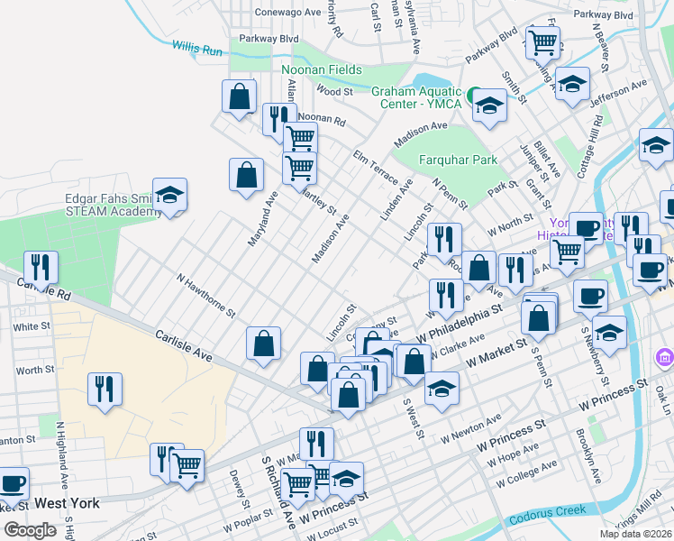 map of restaurants, bars, coffee shops, grocery stores, and more near 594 Linden Avenue in York
