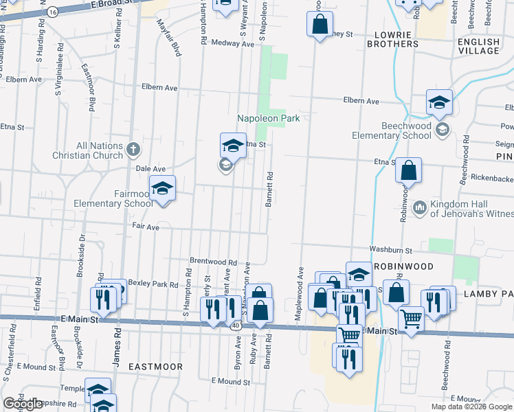 map of restaurants, bars, coffee shops, grocery stores, and more near 526 South Napoleon Avenue in Columbus