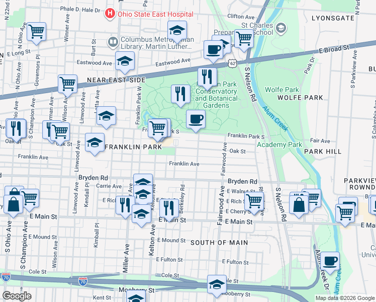 map of restaurants, bars, coffee shops, grocery stores, and more near 1636 Franklin Avenue in Columbus