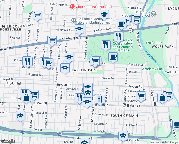 map of restaurants, bars, coffee shops, grocery stores, and more near 1530 Franklin Avenue in Columbus