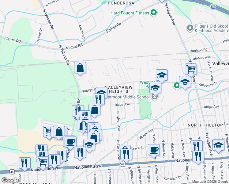 map of restaurants, bars, coffee shops, grocery stores, and more near 340 North Southampton Avenue in Columbus
