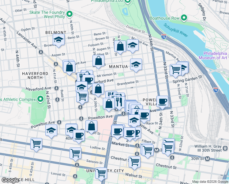 map of restaurants, bars, coffee shops, grocery stores, and more near 3802 Spring Garden Street in Philadelphia