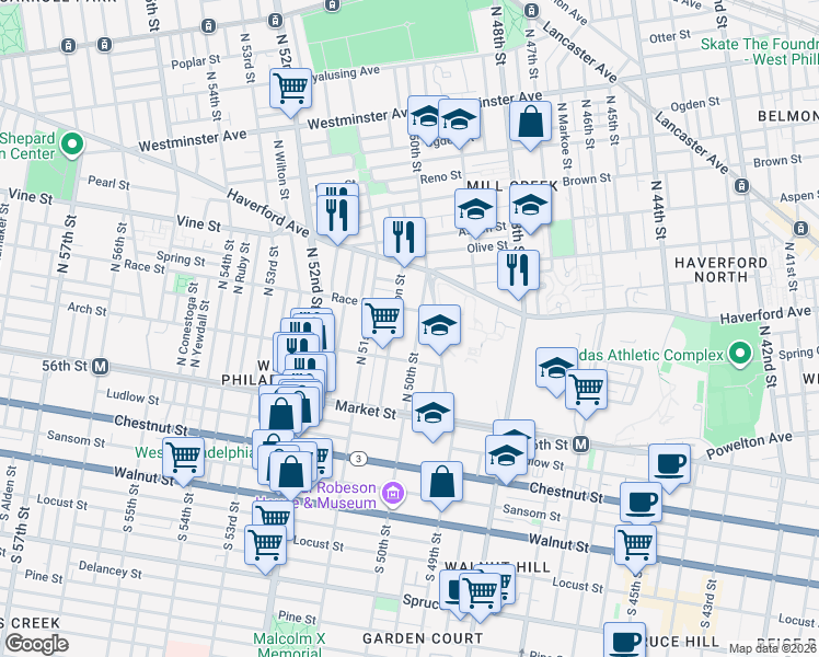 map of restaurants, bars, coffee shops, grocery stores, and more near 128 North 50th Street in Philadelphia