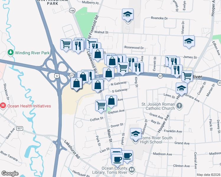 map of restaurants, bars, coffee shops, grocery stores, and more near 17 South Gateway in Toms River