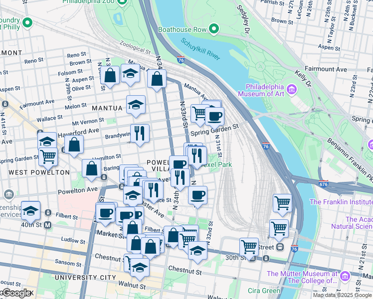 map of restaurants, bars, coffee shops, grocery stores, and more near 414 North 33rd Street in Philadelphia