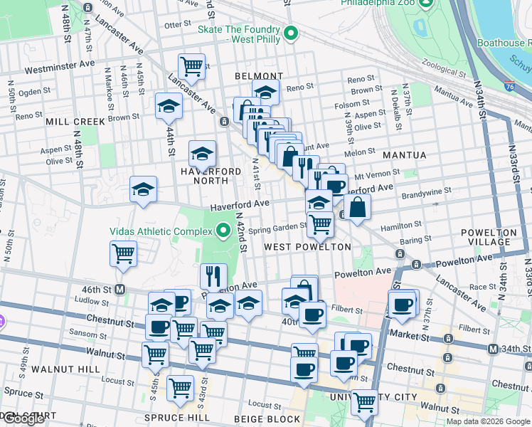 map of restaurants, bars, coffee shops, grocery stores, and more near 4101 Spring Garden Street in Philadelphia