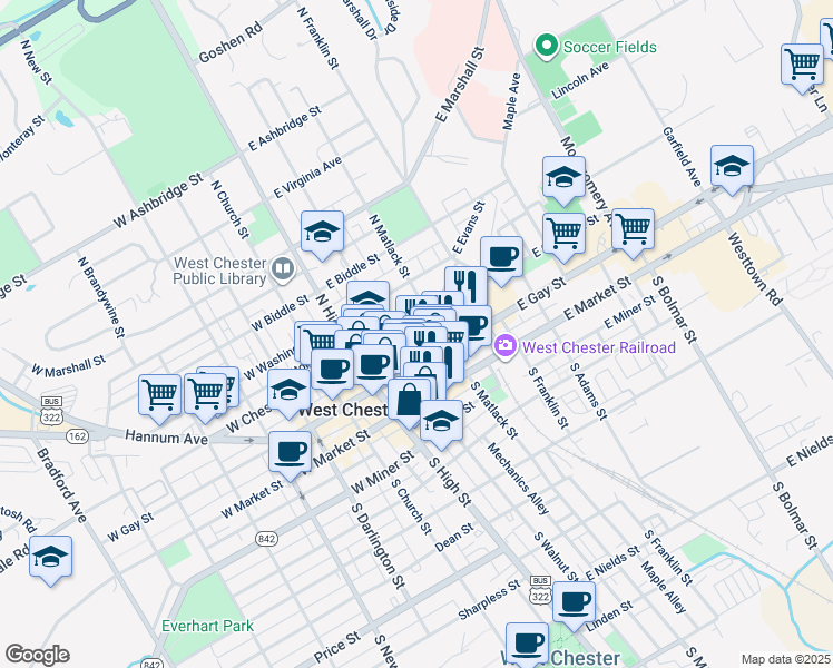 map of restaurants, bars, coffee shops, grocery stores, and more near 122 East Chestnut Street in West Chester