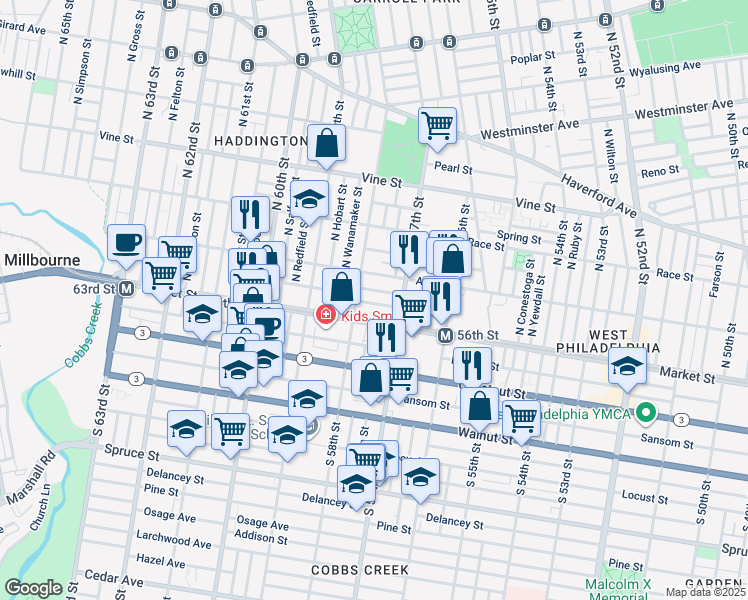 map of restaurants, bars, coffee shops, grocery stores, and more near 5739 Commerce Street in Philadelphia