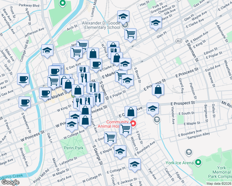 map of restaurants, bars, coffee shops, grocery stores, and more near 143 Susquehanna Avenue in York