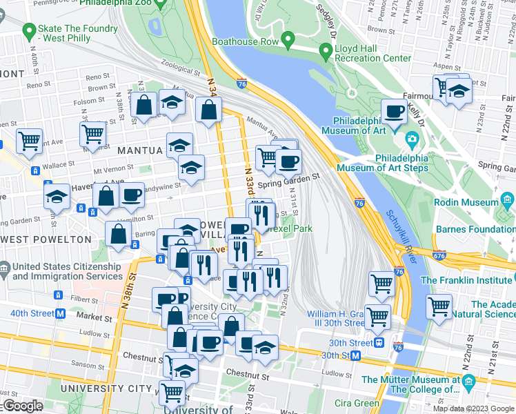 map of restaurants, bars, coffee shops, grocery stores, and more near 411 North 33rd Street in Philadelphia