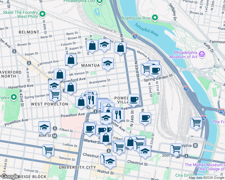 map of restaurants, bars, coffee shops, grocery stores, and more near 3509 Baring Street in Philadelphia