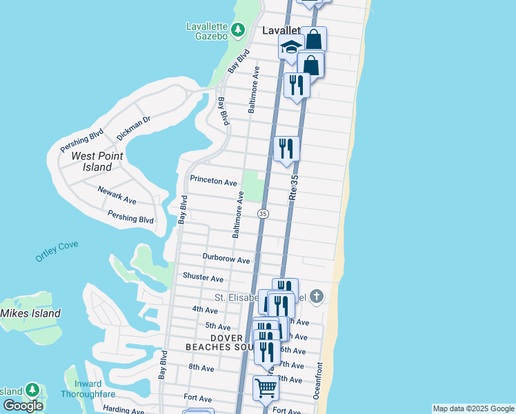map of restaurants, bars, coffee shops, grocery stores, and more near 120 Newark Avenue in Lavallette