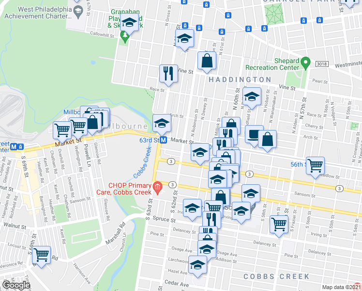 map of restaurants, bars, coffee shops, grocery stores, and more near 10 South 62nd Street in Philadelphia