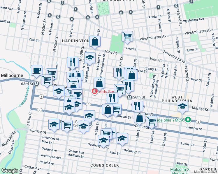 map of restaurants, bars, coffee shops, grocery stores, and more near 5739 Commerce Street in Philadelphia