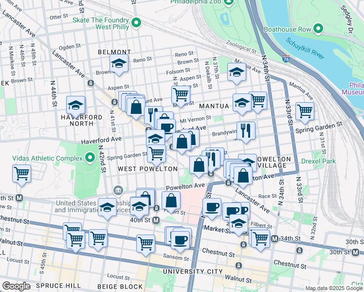 map of restaurants, bars, coffee shops, grocery stores, and more near 500 North 39th Street in Philadelphia