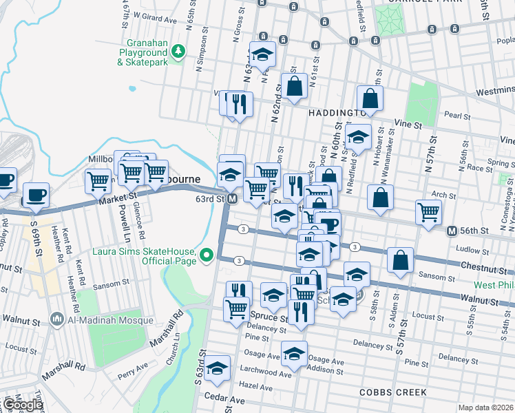 map of restaurants, bars, coffee shops, grocery stores, and more near 6148 Ludlow Street in Philadelphia