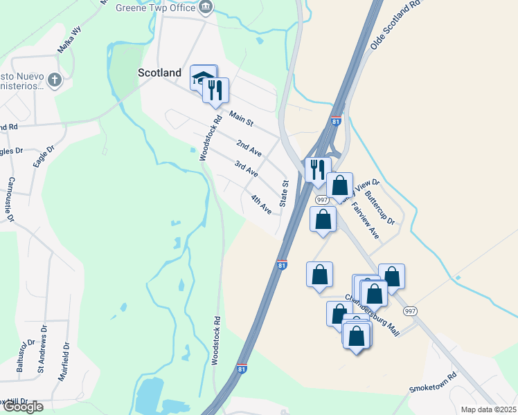 map of restaurants, bars, coffee shops, grocery stores, and more near 1349 4th Avenue in Chambersburg