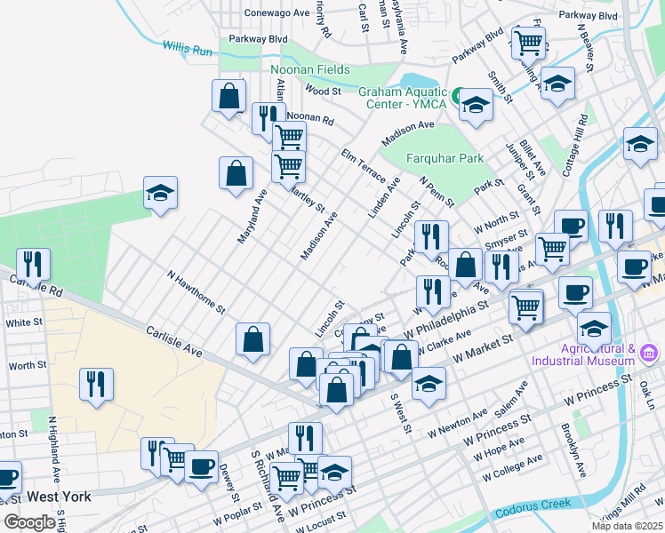 map of restaurants, bars, coffee shops, grocery stores, and more near 563 Linden Avenue in York