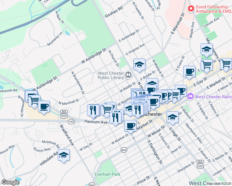 map of restaurants, bars, coffee shops, grocery stores, and more near 222 West Biddle Street in West Chester