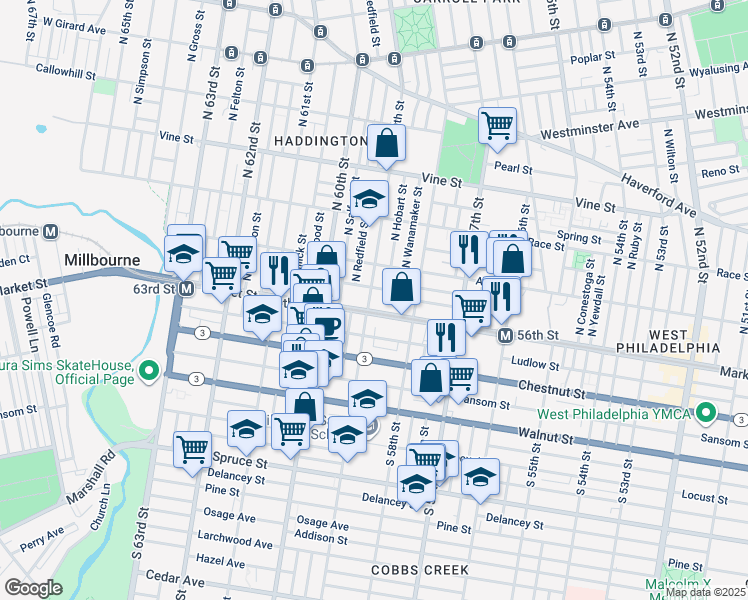 map of restaurants, bars, coffee shops, grocery stores, and more near 5854 Market Street in Philadelphia