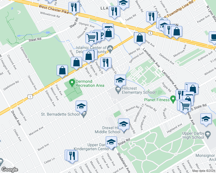 map of restaurants, bars, coffee shops, grocery stores, and more near 1108 Harding Drive in Havertown