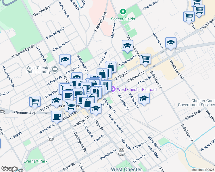 map of restaurants, bars, coffee shops, grocery stores, and more near 213 East Market Street in West Chester