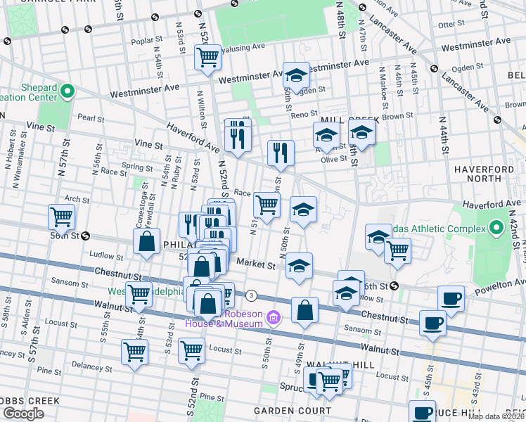 map of restaurants, bars, coffee shops, grocery stores, and more near 138 North Dearborn Street in Philadelphia