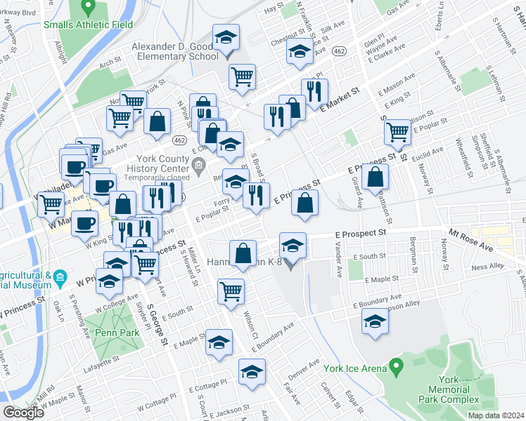 map of restaurants, bars, coffee shops, grocery stores, and more near 201 Edgar Street in York