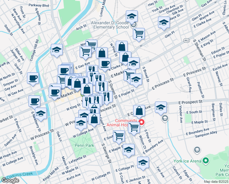 map of restaurants, bars, coffee shops, grocery stores, and more near 202 East King Street in York