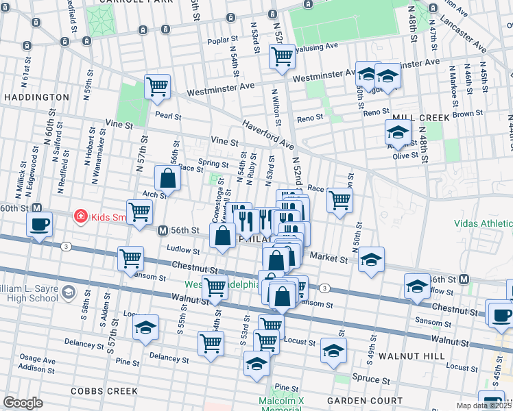 map of restaurants, bars, coffee shops, grocery stores, and more near 109 North Peach Street in Philadelphia