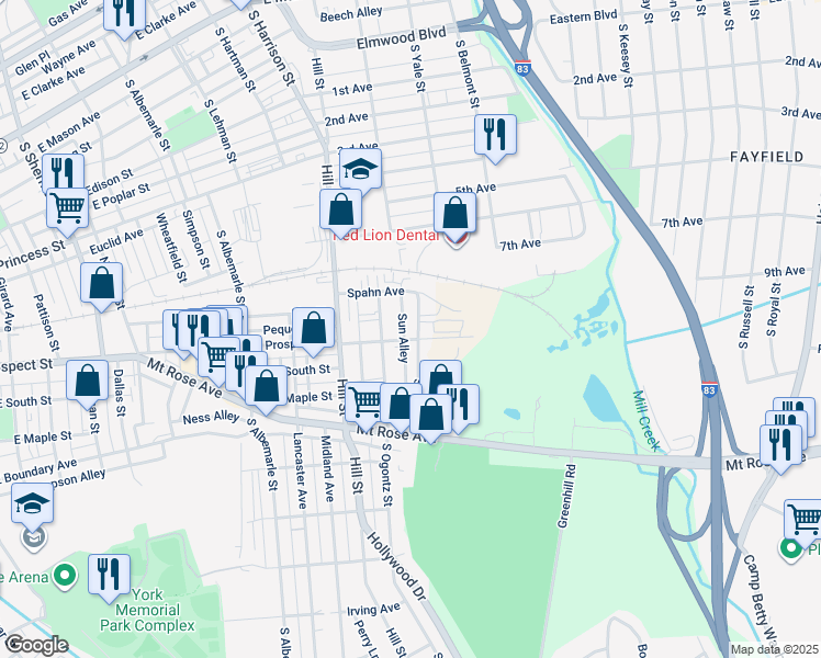 map of restaurants, bars, coffee shops, grocery stores, and more near 490 South Yale Street in York