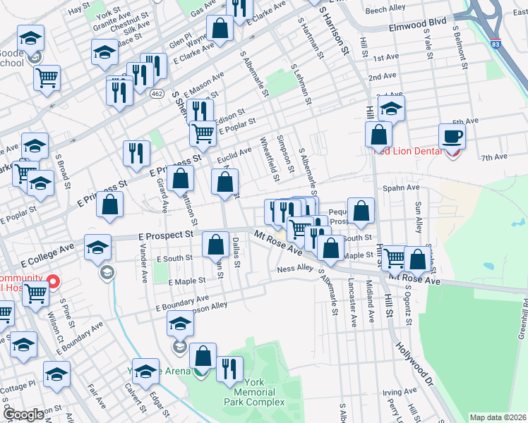 map of restaurants, bars, coffee shops, grocery stores, and more near in York
