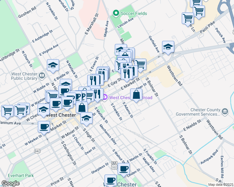 map of restaurants, bars, coffee shops, grocery stores, and more near 319 East Miner Street in West Chester