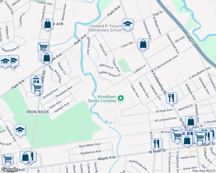 map of restaurants, bars, coffee shops, grocery stores, and more near 102 East Roland Avenue in Maple Shade