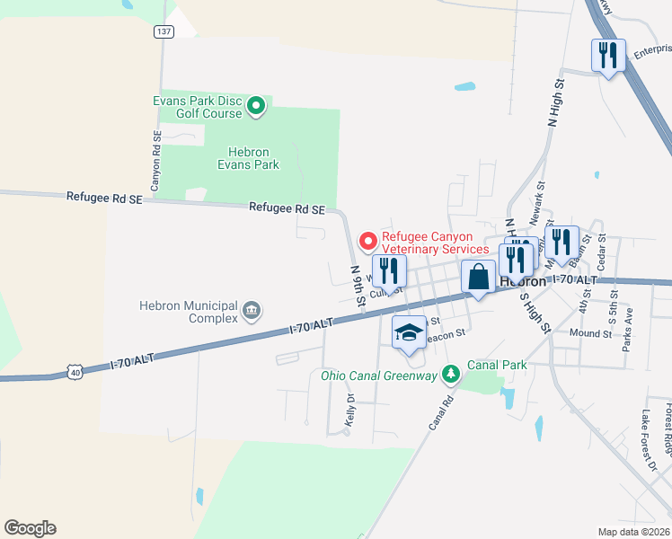 map of restaurants, bars, coffee shops, grocery stores, and more near 909 West North Street in Hebron