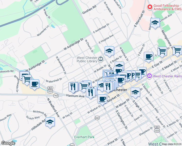 map of restaurants, bars, coffee shops, grocery stores, and more near 222 West Biddle Street in West Chester