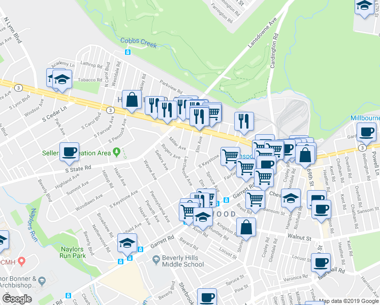 map of restaurants, bars, coffee shops, grocery stores, and more near 7334 Miller Avenue in Upper Darby