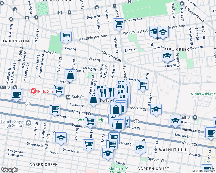 map of restaurants, bars, coffee shops, grocery stores, and more near 109 North Peach Street in Philadelphia